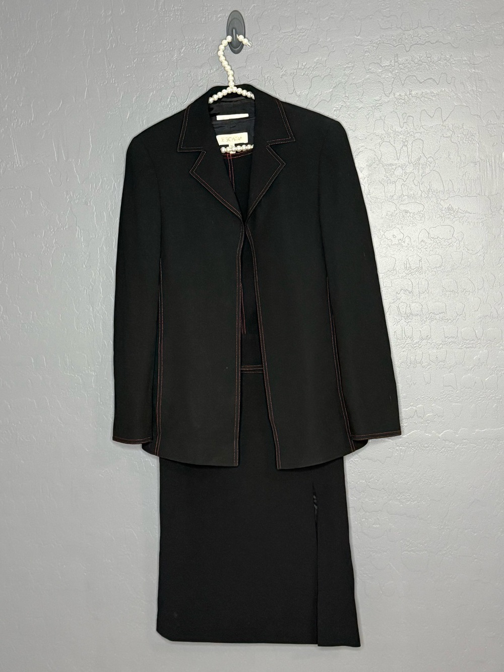 Escada Black Tailored 3 Piece Suit with Contrast Stitching  with High Slit Skirt